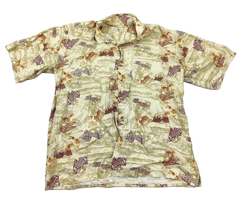 County Seat Shirt Mens 2XL Beige Tiger Tropical Hawaiian Short Sleeve Button Up